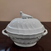 Fehér Herendi porcelán madár fogós leveses tál