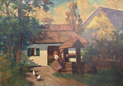 Z. Zalán: A kútnál (olaj) falusi életkép