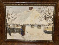 Révész Mária: Téli napsütés (olajfestmény, 29x42 cm)