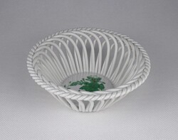 1W151 Zöld Apponyi mintás, áttört Herendi porcelán fonott kosár 13 cm