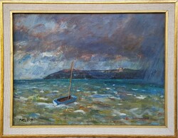 P. Bak János (1913 - 1981) Vihar a Balatonon c. Képcsarnokos festménye Eredeti Garanciával!