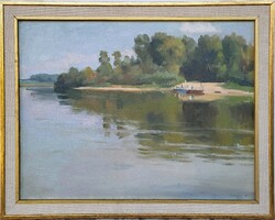 Csabai Kálmán (1915 - 1992) Tiszai Rév c. Képcsarnokos festménye Eredeti Garanciával!