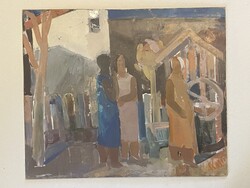 KALLÓ LÁSZLÓ (1925-2018) KÚTNÁL, MODERN KÉPCSARNOKOS, JELZETT, OLAJ, FAROST FESTMÉNY 50 X 60 CM