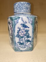 Hatszögletű kék-fehér kínai porcelán teatartó