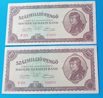 2 db százmillió  Pengő 1946  sorszámkövető  aUNC ,  az egyik kis tévnyomattal