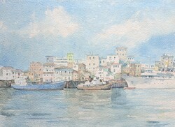 Kikötő (akvarell) mediterrán vízparti városrészlet, hajókkal - látkép, tájkép