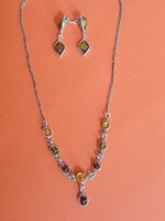 925-ös ezüst art decó különböző színű balti borostyán collier 40cm , fülbevalóval 35mm