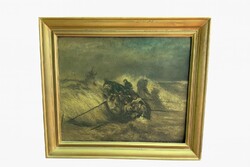 Csónak a viharos tengeren olaj karton festmény 1920-1930 körül