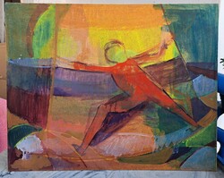 SZUPER ÁR! Kortárs olajfestmény: Kötéltáncos 50 x 40 cm - akrobata, színes modern kép