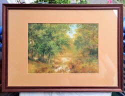 Nemes Tibor: Erdei út, akvarell - tájkép - szentendrei festő - természeti kép barna keretben