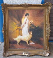 SZALONJELENET 1900 KÖRÜL! olaj-vászon, szignózott, 78x70 cm - Elegáns nő kutyával, kalapos férfivel