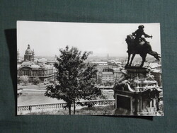 Képeslap,Budapest,Savoyai Eugen lovasszobra a Budavári Palotában,városi látkép,részlet, 1965-