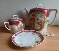 Antik ﻿porcelán teáskészlet elemek, kanna, cukortartó, 1900-as évek első feléből.