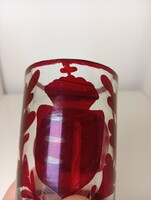 Antik kisméretű címeres bíborpácolt Biedermeier üveg pohár 8 cm