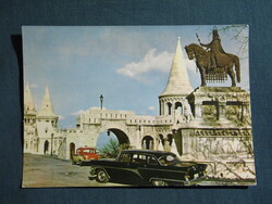 Képeslap,Budapest,Halászbástya,Szent istván szobor,Gaz-13 Csajka autó látkép,részlet, 1965-