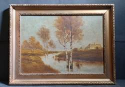 Nyírfák a patakban "Gyarmaty" jelzéssel (méret kerettel 32x42 cm)