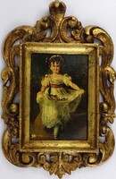 1W261 Antik kisméretű, aranyozott florentin keret, fotókeret, benne régi fotónyomat 30.5 x 20 cm
