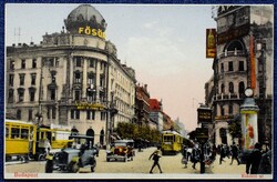 Budapest - Rákóczi út , villamos, automobil, Fanto benzin, sok reklám  - antik litho képeslap