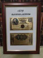 1879 USA 10 Dollár 24k arannyal bevont plasztik bankjegyek (REPLIKA!) RETRO képkeretben.