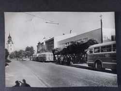Régi képeslap Szécsény Fő utca IKARUS buszokkal, Körszállós bélyeggel
