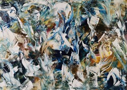 Baján Ildikó festmény 50 x 70 cm. A lélek álarcai.