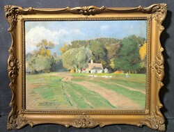 Rökk Károly (1891-1970): Libákat etető lány, falusi tájban (pasztell blondel keretben)
