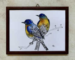 Mindig együtt - Vegyes technika - akvarell - 18 x 24 cm - keretezett kép