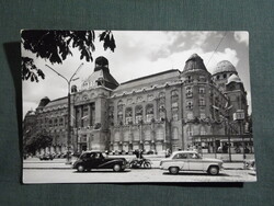 Képeslap,Budapest,Gellért szálló,BMW,Moszkvics autó,Villamos megálló látkép,részlet, 1962-