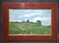 Séta a derűs mezőn, szignózott (olaj, vászon, 48x31 cm) nyári tájkép, életkép