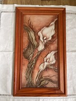 Retró rendkívül mutatós bőr kép fa keretben kálák.