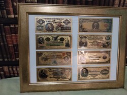 1861-79 USA 8 db Dollárok 24k arannyal bevont plasztik bankjegyek (REPLIKA!) RETRO képkeretben