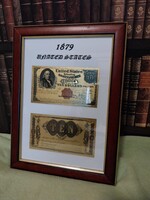 1879 USA 10 Dollár 24k arannyal bevont plasztik bankjegyek (REPLIKA!) RETRO képkeretben.