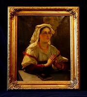 "Nápolyi lány", bidermeier festmény 92x80 cm-es keretben, kiváló állapotban