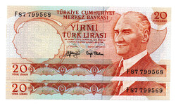 Törökország 20 Lira Bankjegy 1974 P187a F sorozat sorszámkövető