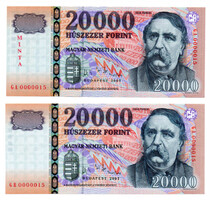 20000 Forint Bankjegy 2007 MINTA, GB extra alacsony azonos szám
