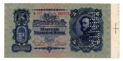 5 Pengő Bankjegy 1928 Köteles példány függőleges MINTA lyukasztással