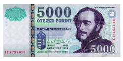 5000 Forint Bankjegy 1999 BD XF+ balra eltolódott sorszám