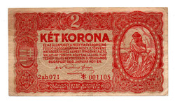 2 Korona Államjegy 1920 ab sorozat sötétvörös alacsony sorszám