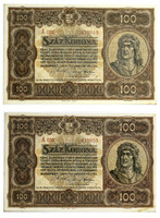 100 Korona Államjegy 1920 sorszámkövető pár UNC barna sorszám