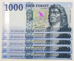 1000 Forint Bankjegy 2017 DC,DF,DH,DJ,DM azonos alacsony sorszám