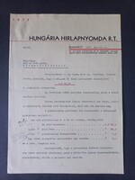 Régi fejléces levél Hungária Hírlapnyomda R.T. Kojnok Ádám Úrnak Hódmezővásárhelyre 1935