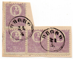1871-es Kőnyomtatos 25 Krajcár L alakú 4-es tömb levéldarabon