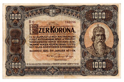1000 Korona Államjegy 1920 VF barna sorozat és sorszámmal