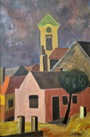 Sikuta Gusztáv - Templom háztetőkkel 60 x 40 cm olaj, vászon 1972