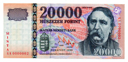 20000 Forint Bankjegy 1999 MINTA extrém alacsony sorszám 0000002