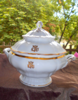 Antik Bécsi porcelán arany festett monogrammal fedeles leveses tál