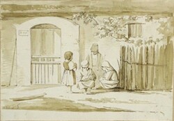 1W385 Antik jelzett színezett ceruzarajz - Gyerekek az utcán 16.5 x 11.5 cm