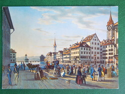 Reprint képeslap Svájc 1977., légiposta - Zürich 1835 körül, Rathausbrücke, reklámbélyegzéssel