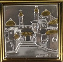 1W380 Ezüstözött Jeruzsálem plakett kristály keretben, falikép 15.5 x 15.5 cm
