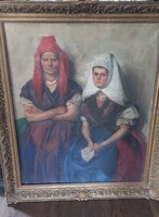 Antik portré sokác menyecske népviseletben -festmény 80 x 100 cm 1900 as évek